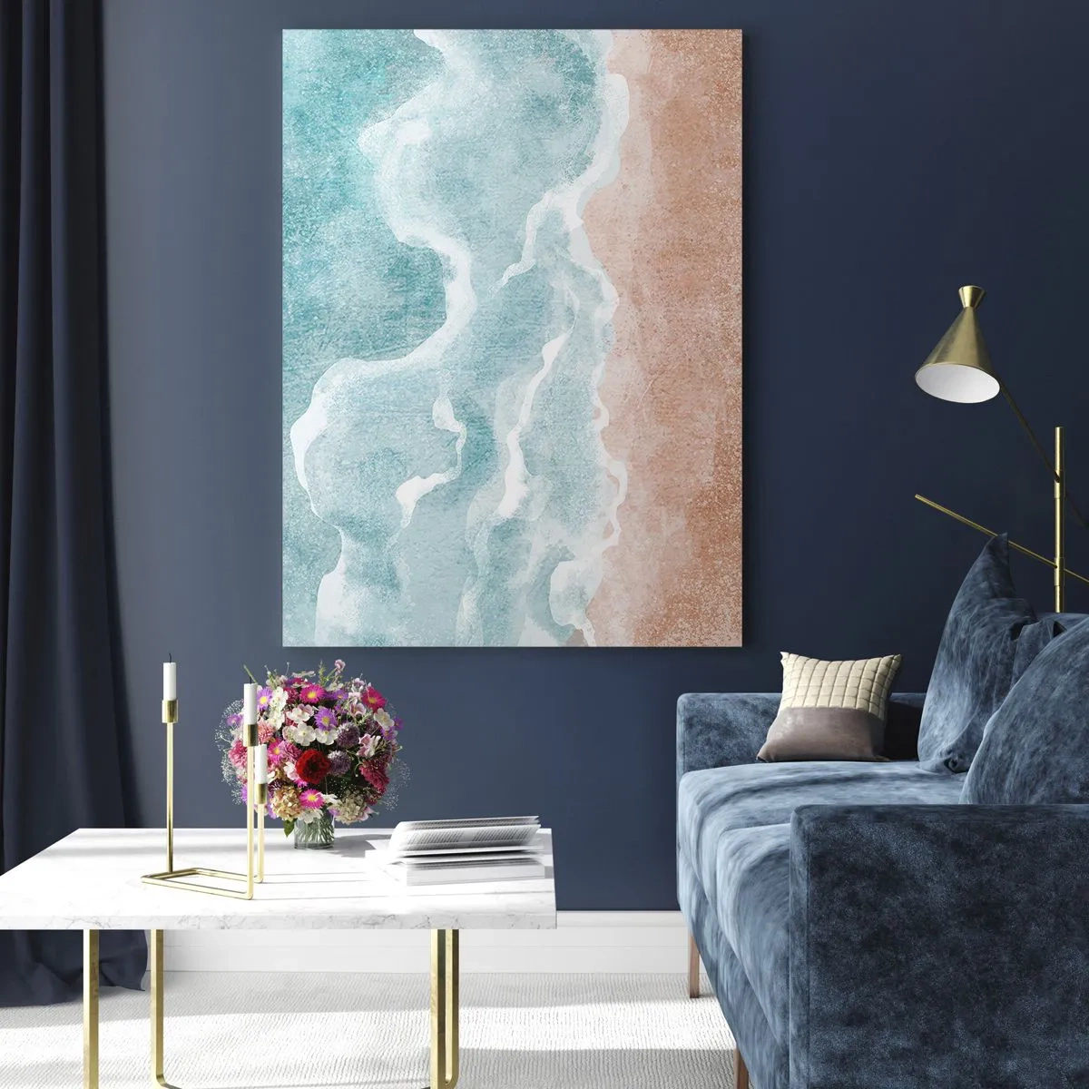 Impression sur verre - Image sur verre - Plage abstraite avec des vagues dans les tons bleus et beiges - 70x100cm - Abstraction du nuage - Décoration murale moderne pour le salon et la chambre ARTTOR