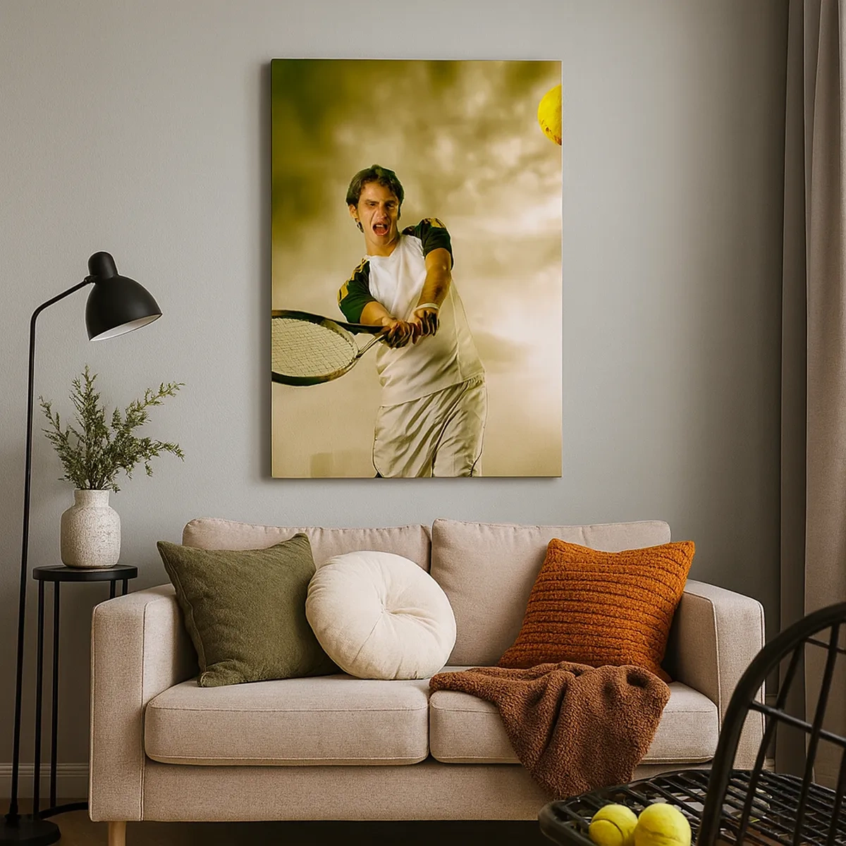 Impression sur toile - Image sur toile - Joueur de tennis en action lors d'un match avec en toile de fond un paysage urbain - 50x70cm - Énergie et joie - Décoration murale moderne pour le salon et la chambre ARTTOR
