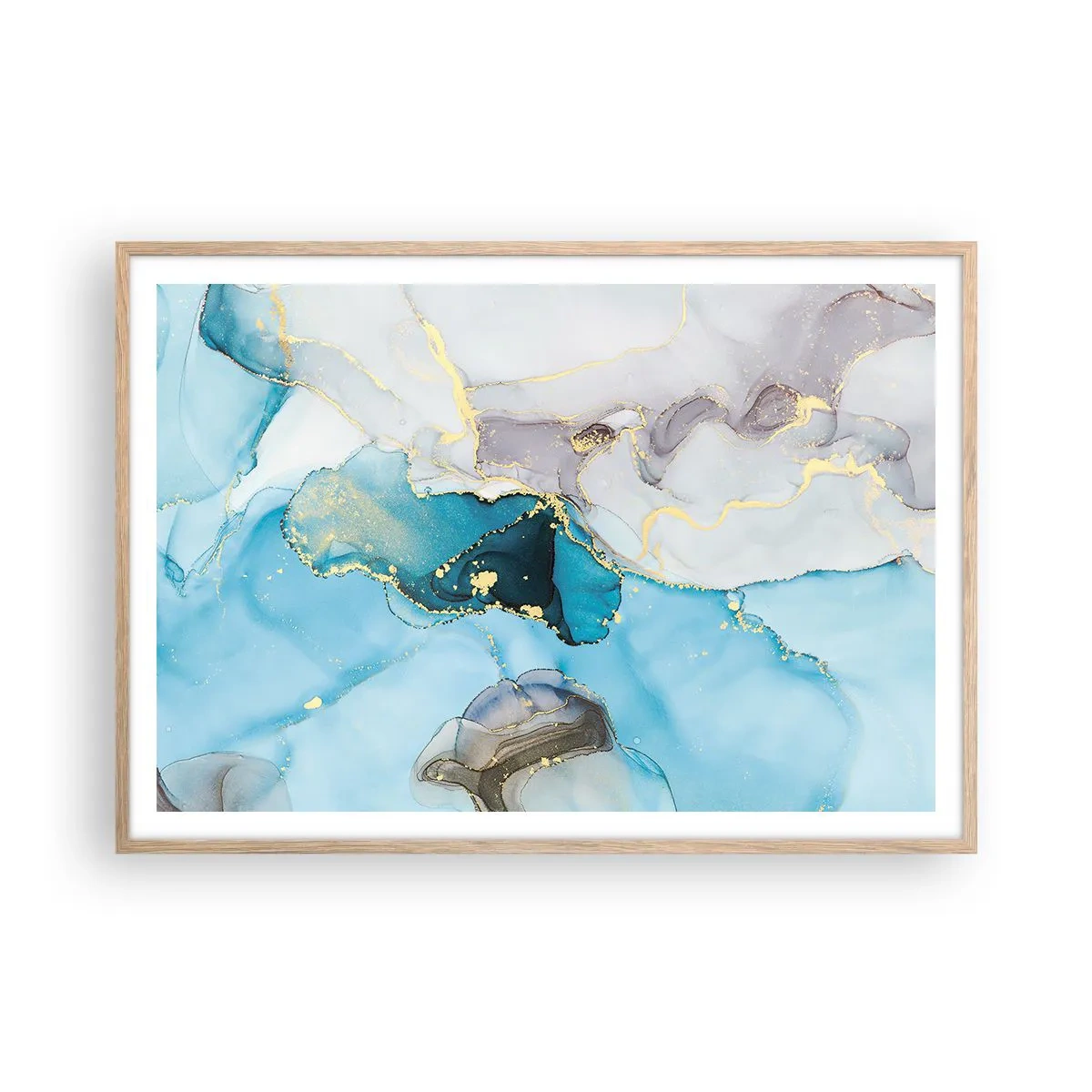 Affiche dans un chêne clair - Poster - Etude de la rencontre gris et turquoise - 100x70 cm