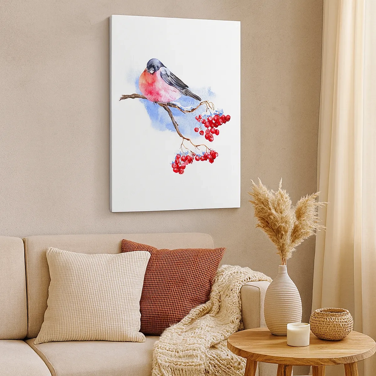 Impression sur toile - Image sur toile - Oiseau sur une branche avec des fruits rouges sur fond aquarelle - 50x70cm - L'hiver en couleurs - Décoration murale moderne pour le salon et la chambre ARTTOR