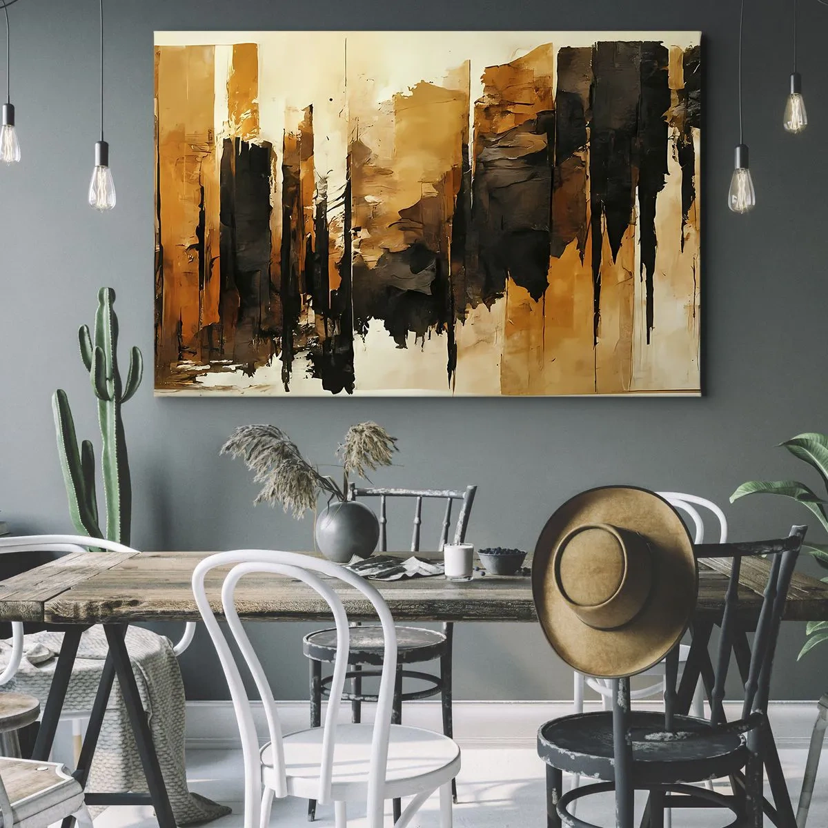 Impression sur toile - Image sur toile - Rayures abstraites dorées et noires dans une composition artistique - 70x50cm - Harmonie de noir et d'or - Décoration murale moderne pour le salon et la chambre ARTTOR