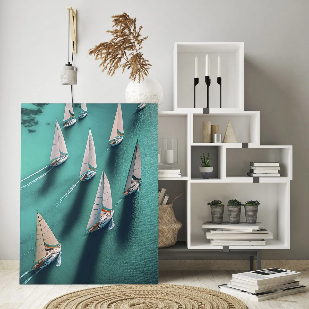 Impression sur verre - Image sur verre - Yachts sur l'eau turquoise en mouvement dynamique - 70x100cm - Dans une compétition avec le vent - Décoration murale moderne pour le salon et la chambre ARTTOR