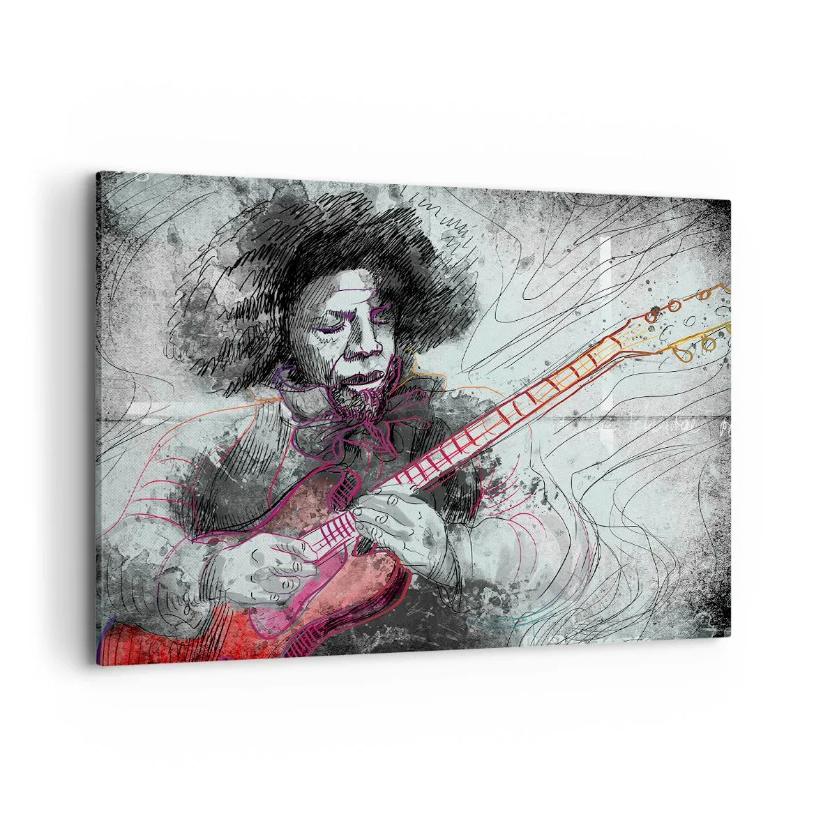 Impression sur toile - Image sur toile - Portrait artistique d'un guitariste en technique d'esquisse - 100x70cm - Sur les vagues de la musique - Décoration murale moderne pour le salon et la chambre ARTTOR