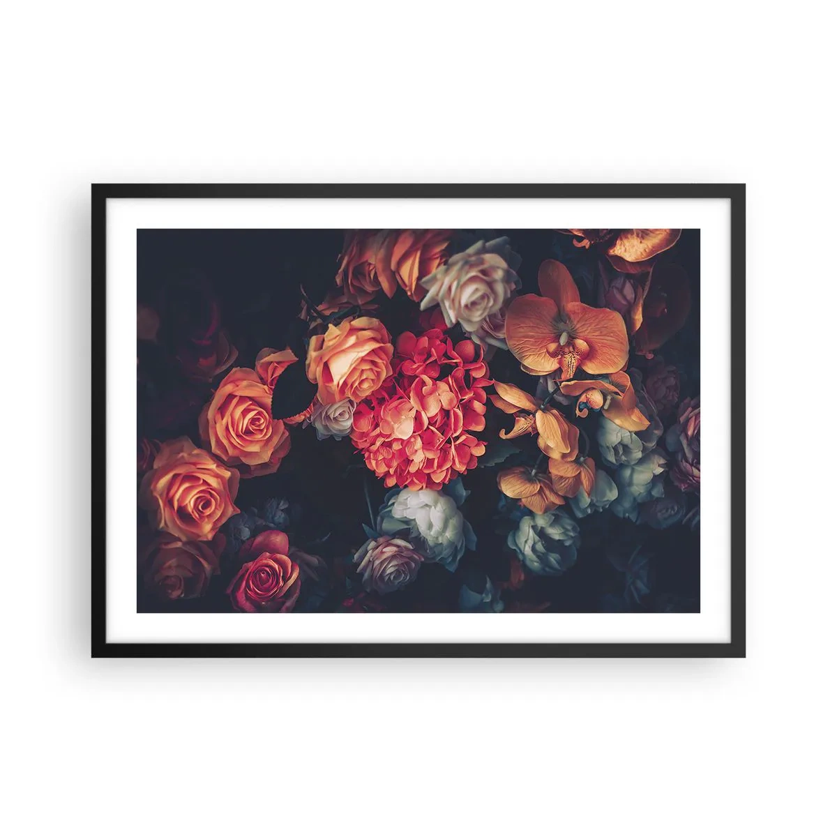 Affiche dans un cadre noir - Poster - Un bouquet de fleurs variées aux tons sombres - 70x50cm - Comme chez les maîtres hollandais - Décoration murale moderne pour le salon et la chambre ARTTOR