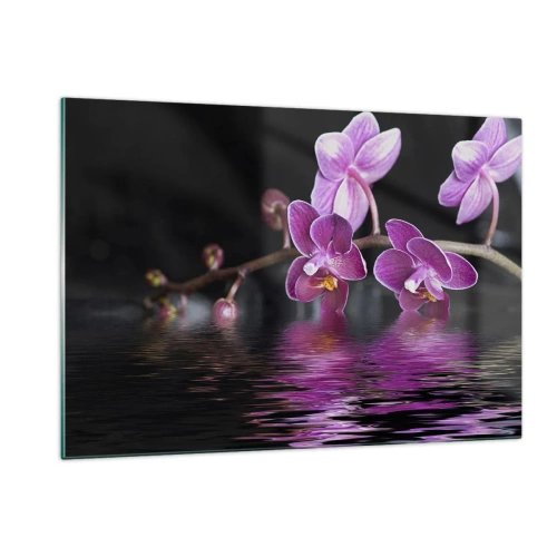 Impression sur verre - Image sur verre - Orchidées violettes se reflétant dans l'eau - 120x80cm - Reflet lilas de la beauté - Décoration murale moderne pour le salon et la chambre ARTTOR