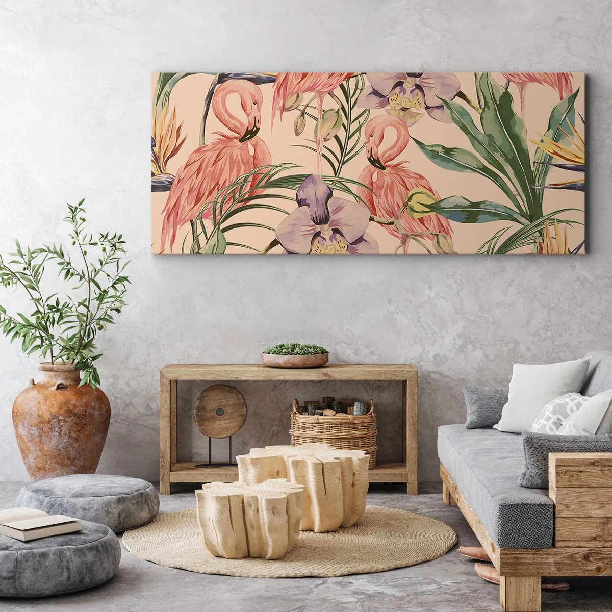 Impression sur toile - Image sur toile - Flamants roses et fleurs tropicales sur fond clair - 120x50cm - Ballet rose dans les fleurs - Décoration murale moderne pour le salon et la chambre ARTTOR