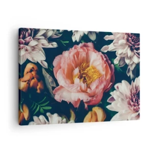 Impression sur toile - Image sur toile - Composition florale avec pivoines et chrysanthèmes sur fond sombre - 70x50cm - Splendeur baroque - Décoration murale moderne pour le salon et la chambre ARTTOR