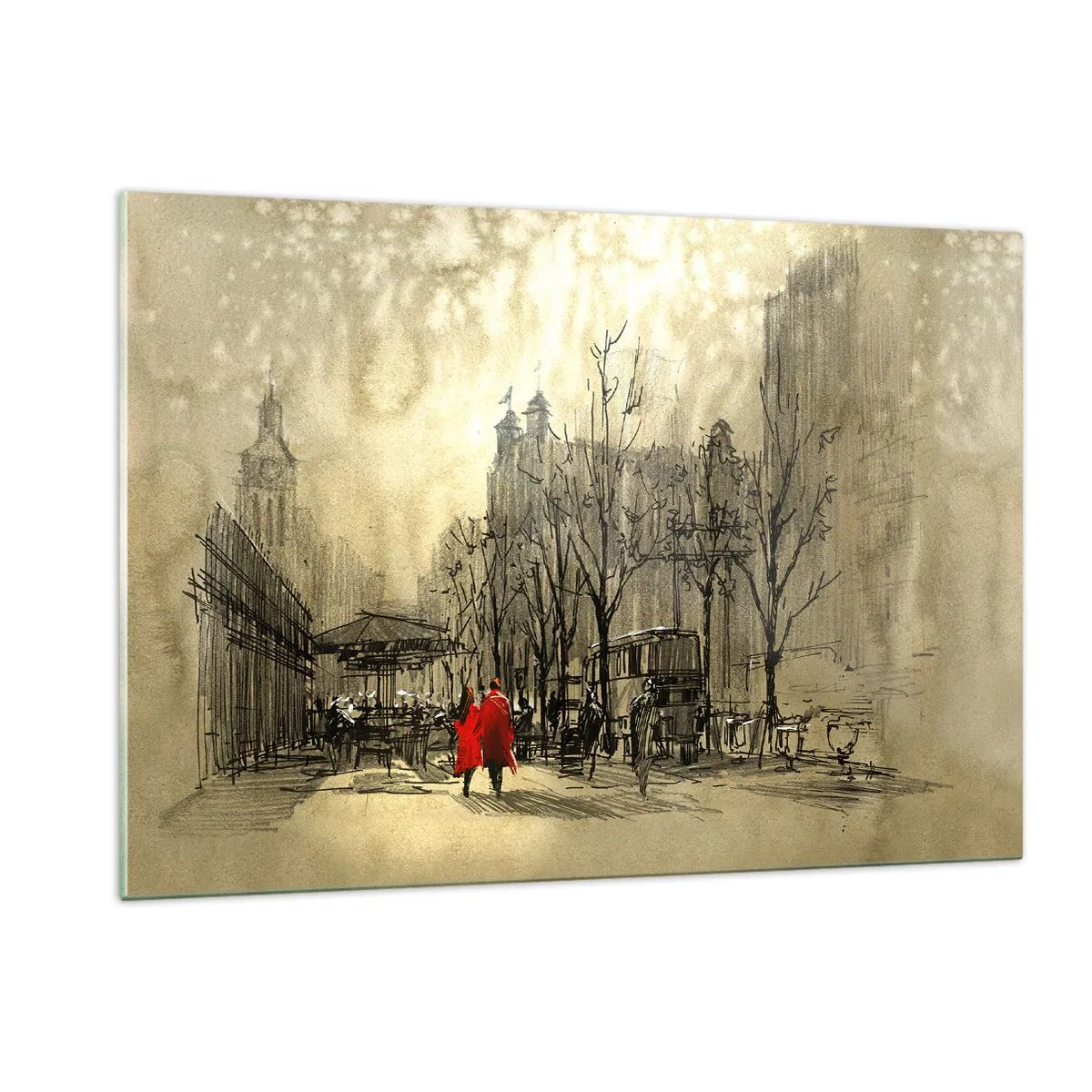 Impression sur verre - Image sur verre - Un rendez-vous dans le brouillard londonien avec un accent de manteau rouge - 120x80cm - Rendez-vous dans le brouillard de Londres - Décoration murale moderne pour le salon et la chambre ARTTOR