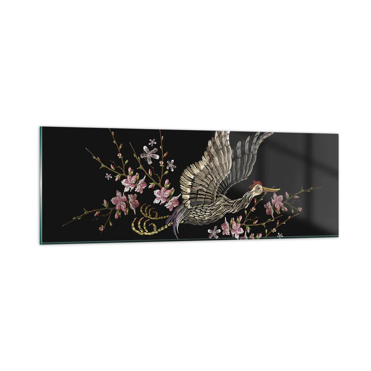 Impression sur verre - Image sur verre - Oiseau brodé exotique - 90x30 cm