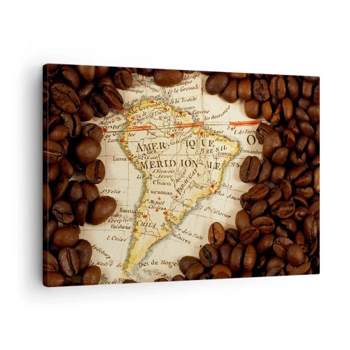 Impression sur toile - Image sur toile - Une carte de l'Amérique du Sud entourée de grains de café. - 70x50cm - D'où vient le meilleur café ? - Décoration murale moderne pour le salon et la chambre ARTTOR