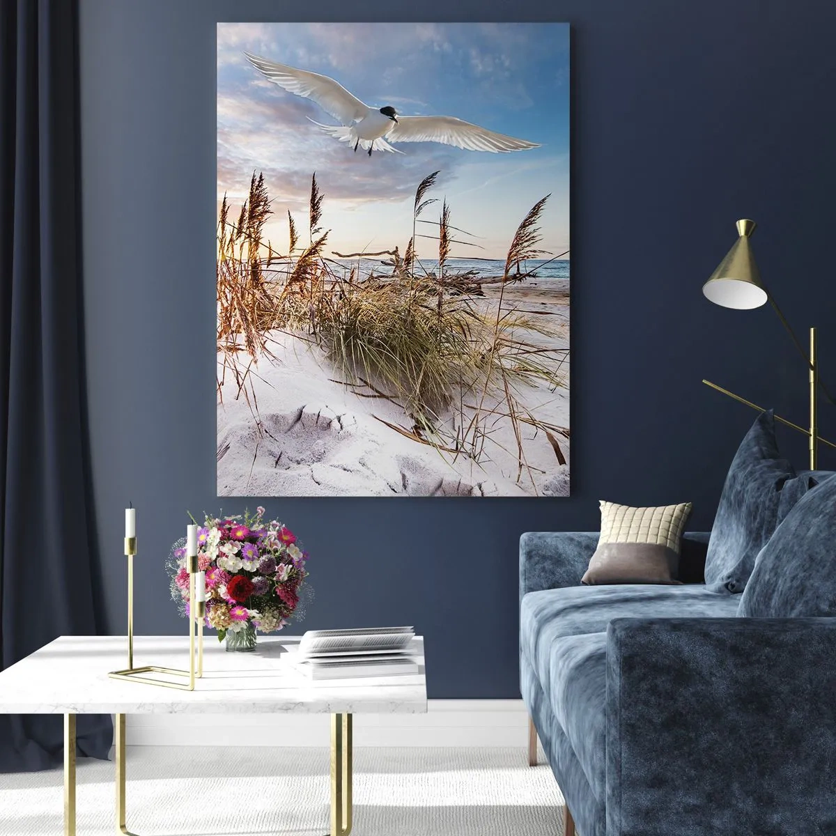 Impression sur verre - Image sur verre - Plage avec des mouettes volant au coucher du soleil - 70x100cm - Vent de mer - Décoration murale moderne pour le salon et la chambre ARTTOR