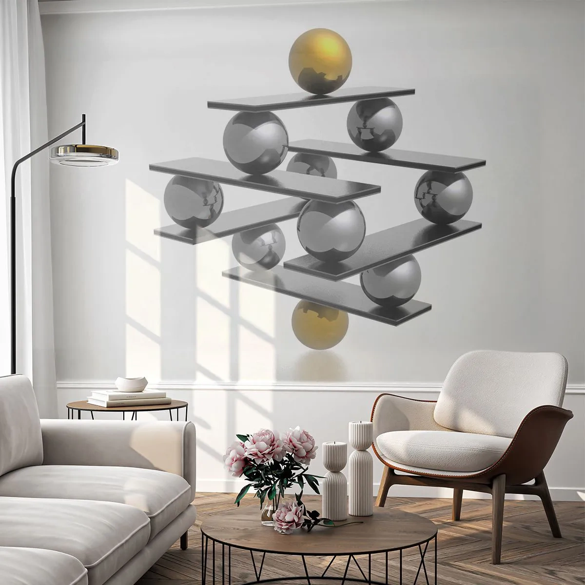 Papier Peint Photo Premium Canvas - Balance d'or et d'argent - Abstraction, Boules de métal, 3D - 350x256 cm