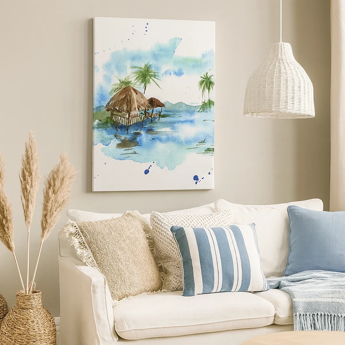 Impression sur toile - Image sur toile - Aquarelle représentant un paysage tropical avec des maisons et des palmiers - 50x70cm - Quelque part dans le Pacifique - Décoration murale moderne pour le salon et la chambre ARTTOR