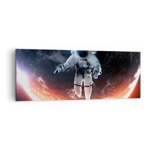 Impression sur toile - Image sur toile - Un astronaute flottant au-dessus d'une Terre éclairée par le soleil - 140x50cm - Puis-je rester un peu plus longtemps ? - Décoration murale moderne pour le salon et la chambre ARTTOR