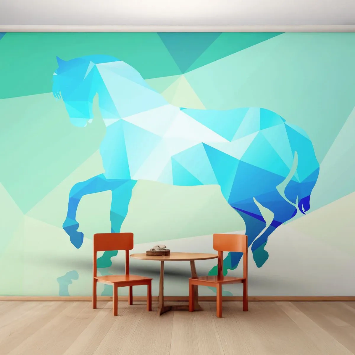 Papier Peint Photo Premium Sand - Silhouette géométrique d'un cheval sur fond vert et bleu - 100x70cm - Cheval géométrique en turquoise - Décoration murale moderne pour le salon et la chambre ARTTOR
