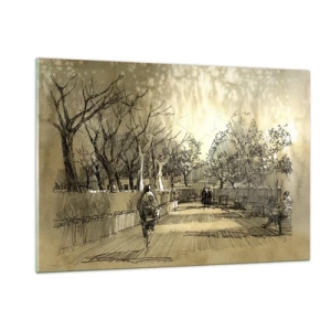 Impression sur verre - Image sur verre - Un dessin d'un parc avec des sentiers et des gens qui marchent - 120x80cm - Un moment arrêté avec une plume - Décoration murale moderne pour le salon et la chambre ARTTOR
