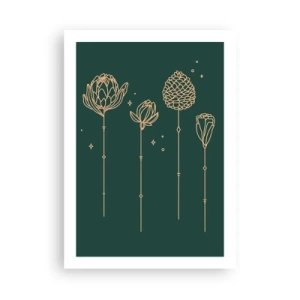 Affiche - Poster - Contours dorés de fleurs sur fond vert foncé - 50x70cm - La famille Plante - Décoration murale moderne pour le salon et la chambre ARTTOR