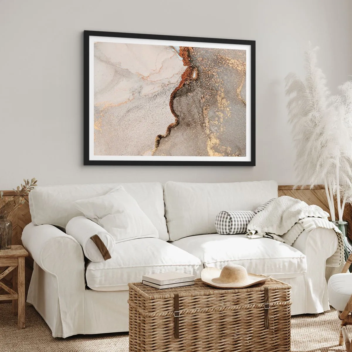 Affiche dans un cadre noir - Poster - Motif abstrait avec des nuances d'or et de gris - 70x50cm - Aux frontières des couleurs - Décoration murale moderne pour le salon et la chambre ARTTOR