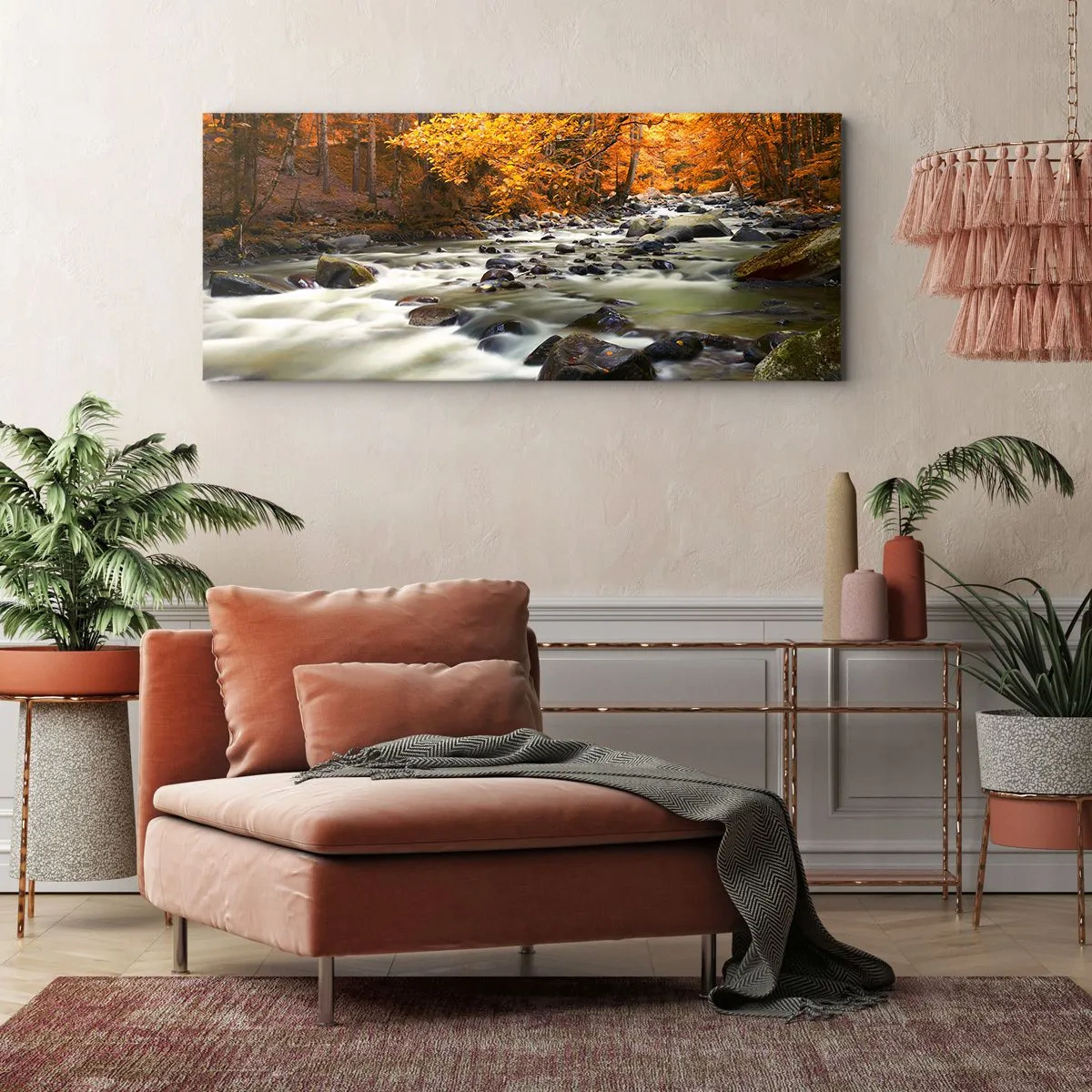 Impression sur toile - Image sur toile - Un ruisseau dans une forêt d'automne entouré de feuilles dorées - 160x50cm - Un ruisseau dans une forêt dorée - Décoration murale moderne pour le salon et la chambre ARTTOR