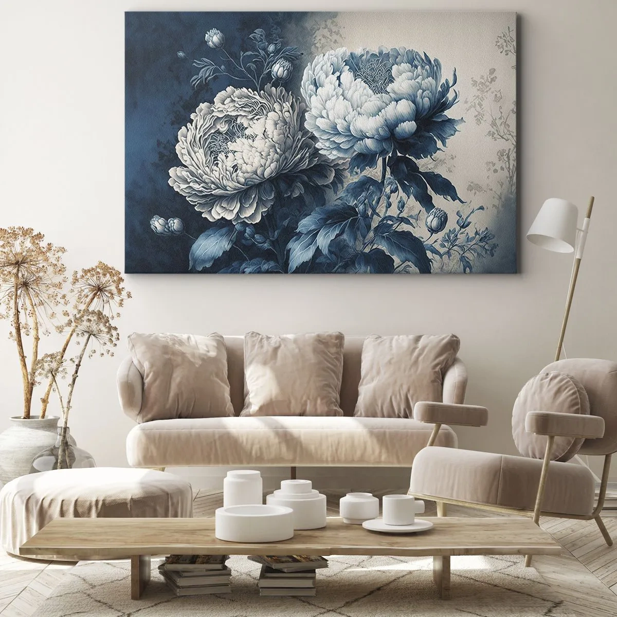 Impression sur toile - Image sur toile - Pivoines bleues sur un fond subtil avec un motif délicat - 70x50cm - Paire assortie - Décoration murale moderne pour le salon et la chambre ARTTOR
