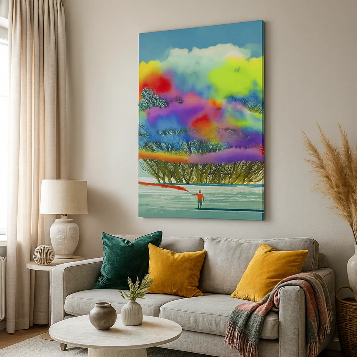 Impression sur toile - Image sur toile - Une silhouette avec de la fumée colorée à l'arrière-plan d'un arbre dans la nature - 50x70cm - Donner vie à ce monde - Décoration murale moderne pour le salon et la chambre ARTTOR