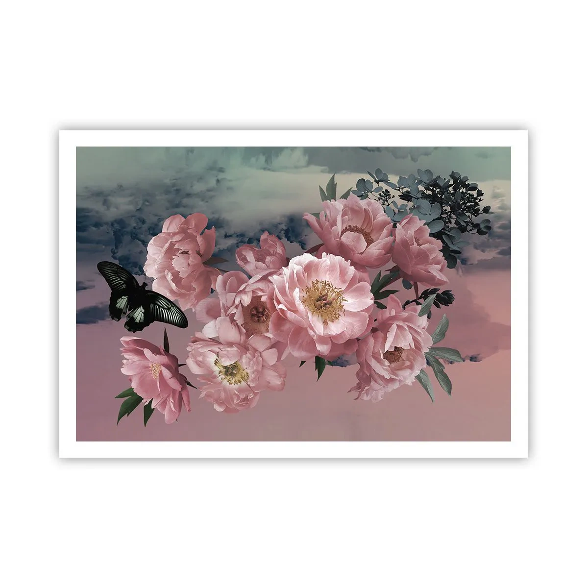 Affiche - Poster - Pivoines roses avec un papillon sur fond pastel - 100x70cm - Pic du romantisme - Décoration murale moderne pour le salon et la chambre ARTTOR