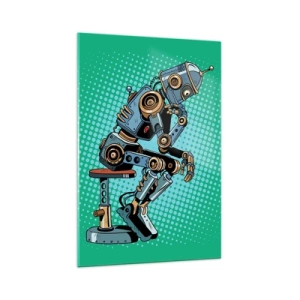 Impression sur verre - Image sur verre - Robot penseur de style pop art sur fond vert - 70x100cm - Au-dessus de l'essence de l'être - Décoration murale moderne pour le salon et la chambre ARTTOR