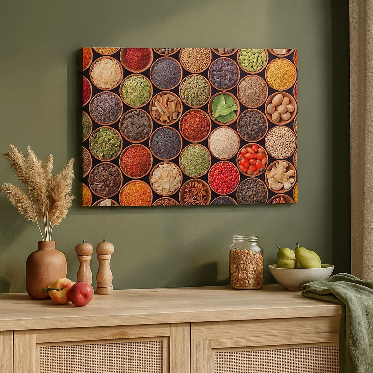 Impression sur toile - Image sur toile - Épices colorées dans des récipients ronds - 70x50cm - Toutes les saveurs du monde - Décoration murale moderne pour le salon et la chambre ARTTOR