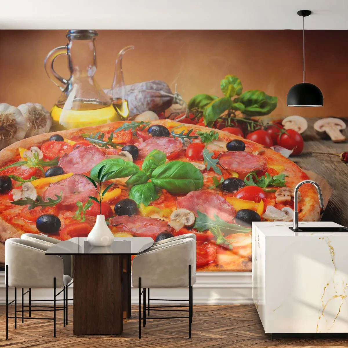Papier Peint Photo Premium Sand - Pizza appétissante aux olives, salami et basilic sur une table en bois - 100x70cm - Avec une vraie saveur italienne - Décoration murale moderne pour le salon et la chambre ARTTOR