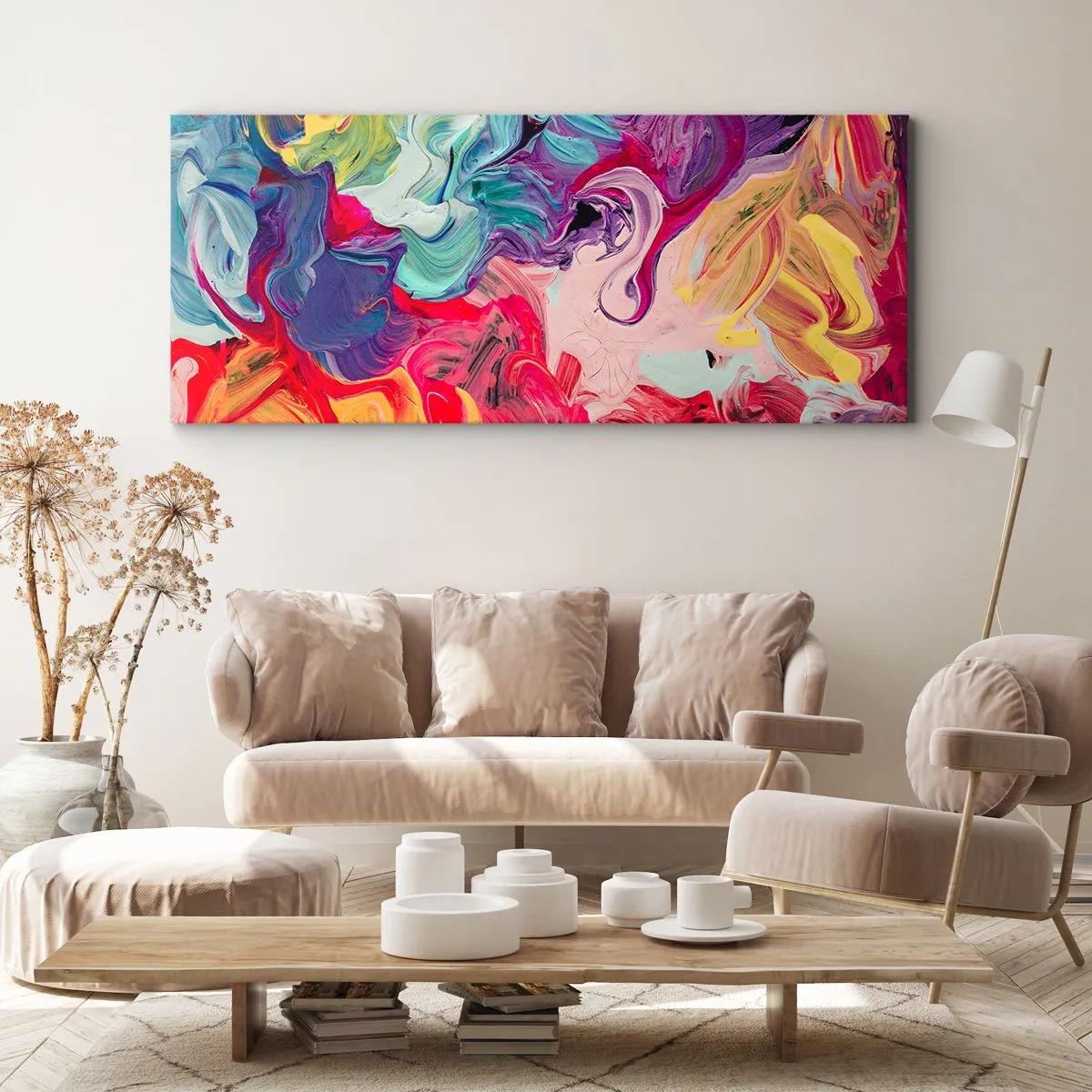 Impression sur toile - Image sur toile - Une composition abstraite aux couleurs vibrantes et tourbillonnantes et à la structure dynamique. - 140x50cm - La naissance des couleurs - Décoration murale moderne pour le salon et la chambre ARTTOR