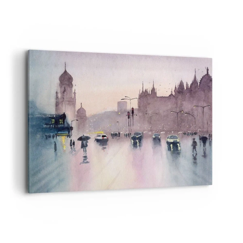 Impression sur toile - Image sur toile - Une rue de la ville au crépuscule dans un style aquarelle - 120x80cm - Dans une brume pluvieuse - Décoration murale moderne pour le salon et la chambre ARTTOR