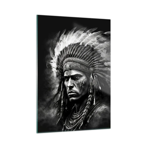 Impression sur verre - Image sur verre - Portrait en noir et blanc d'un guerrier avec une coiffe à plumes - 50x70cm - Un leader et un guerrier - Décoration murale moderne pour le salon et la chambre ARTTOR