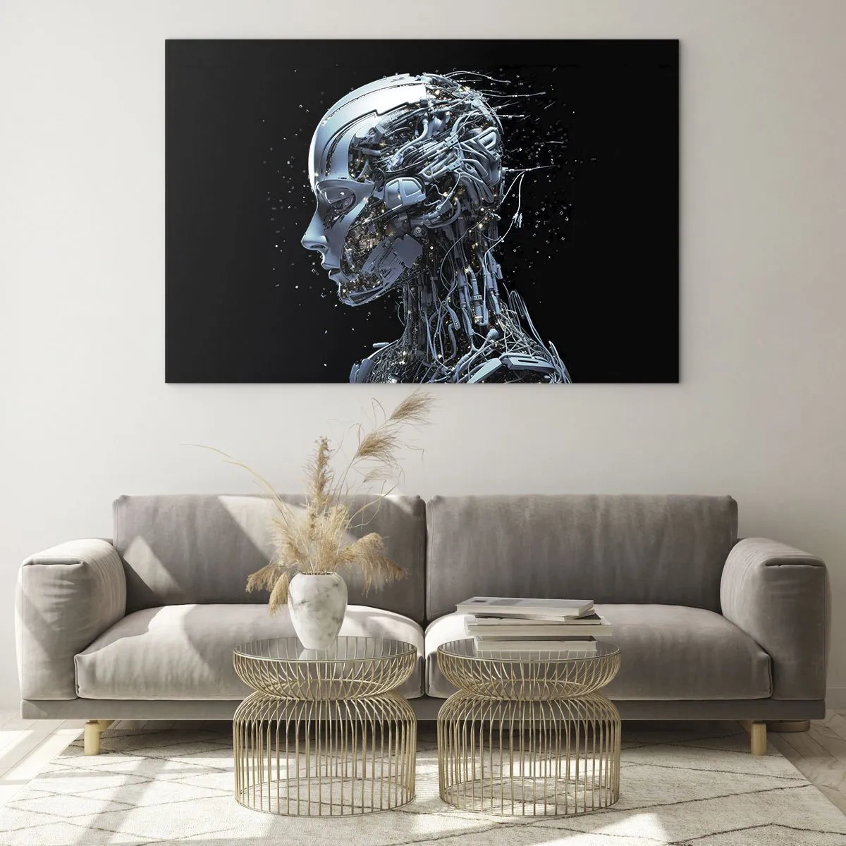 Impression sur verre - Image sur verre - Profil d'un robot féminin avec fils et mécanismes - 100x70cm - La technologie est une femme - Décoration murale moderne pour le salon et la chambre ARTTOR