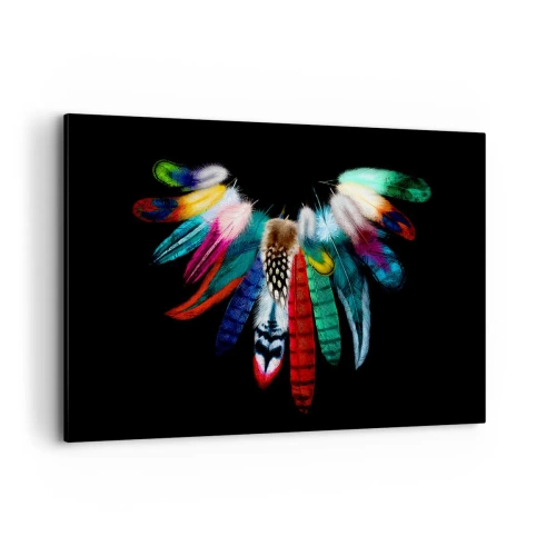 Impression sur toile - Image sur toile - Plumes colorées sur fond noir dans une composition artistique - 100x70cm - Collier indien - Décoration murale moderne pour le salon et la chambre ARTTOR