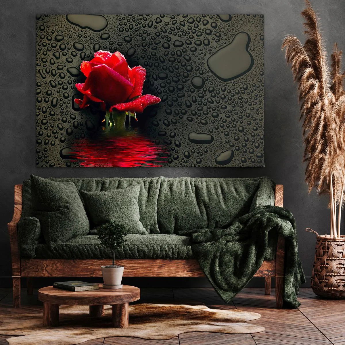 Impression sur toile - Image sur toile - Rose rouge avec des gouttes d'eau sur un fond sombre - 120x80cm - Rouge et noir - Décoration murale moderne pour le salon et la chambre ARTTOR