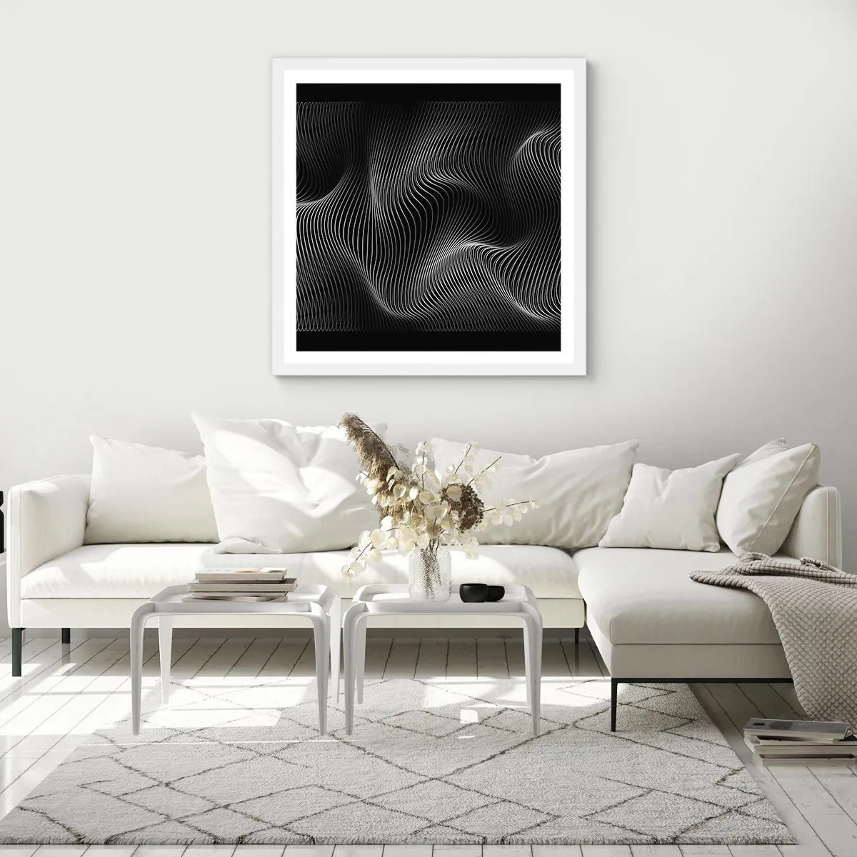 Affiche dans un cadre blanc - Poster - Danse de lumière dans l'espace - 50x50 cm