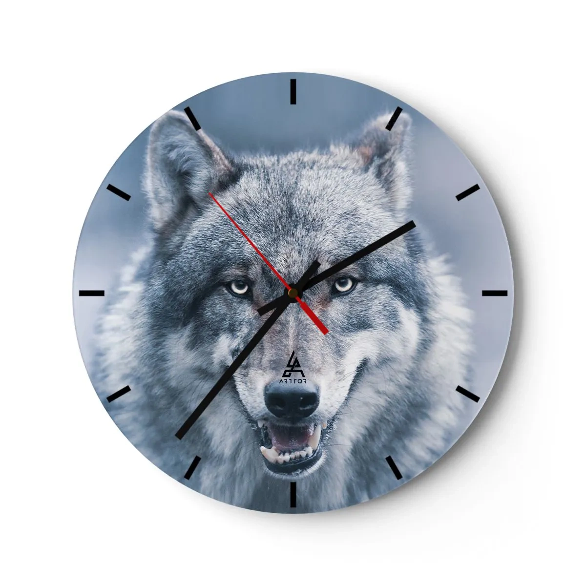 Horloge murale - Pendule murale - Un loup aux crocs dénudés sur un fond bleu froid - 30x30cm - Relèverez-vous le défi ? - Décoration murale moderne pour le salon, la cuisine et la chambre ARTTOR