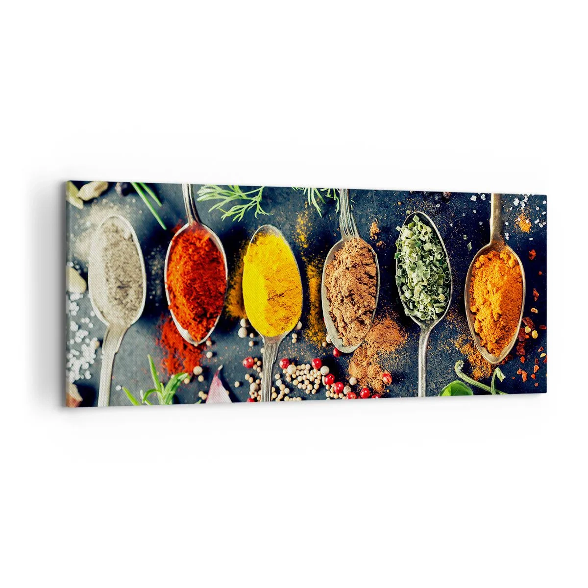 Impression sur toile - Image sur toile - Épices colorées sur des cuillères avec des herbes en arrière-plan - 120x50cm - Magie culinaire - Décoration murale moderne pour le salon et la chambre ARTTOR