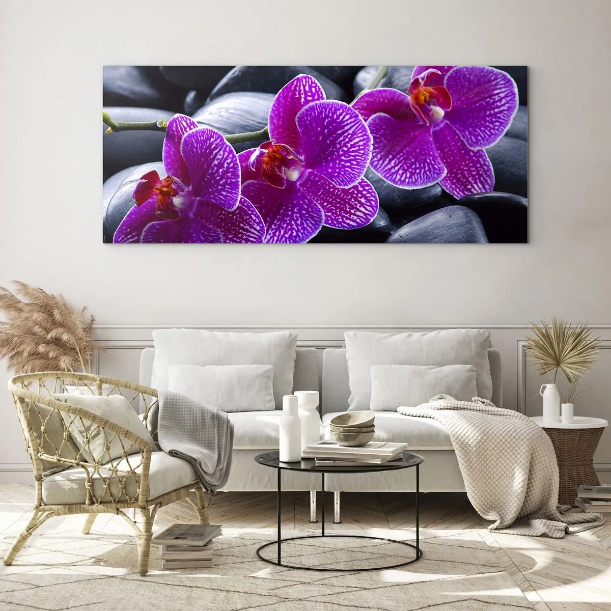 Impression sur verre - Image sur verre - Orchidées violettes sur fond de pierres noires - 140x50cm - Les pierres brillaient de joie - Décoration murale moderne pour le salon et la chambre ARTTOR