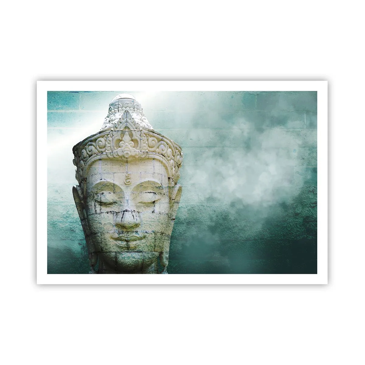 Affiche - Poster - Statue de Bouddha avec une douce brume sur un fond vert - 100x70cm - A la recherche de la lumière - Décoration murale moderne pour le salon et la chambre ARTTOR