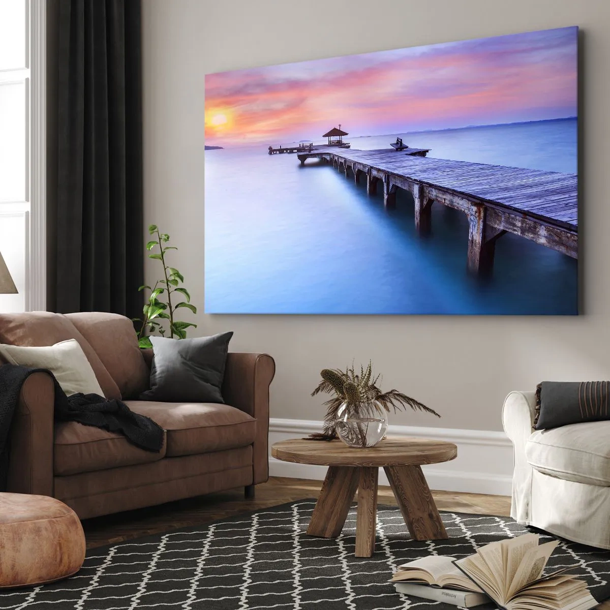 Impression sur toile - Image sur toile - Jetée en bois donnant sur l'eau au coucher du soleil - 100x70cm - Une mer de calme jusqu'à l'horizon - Décoration murale moderne pour le salon et la chambre ARTTOR