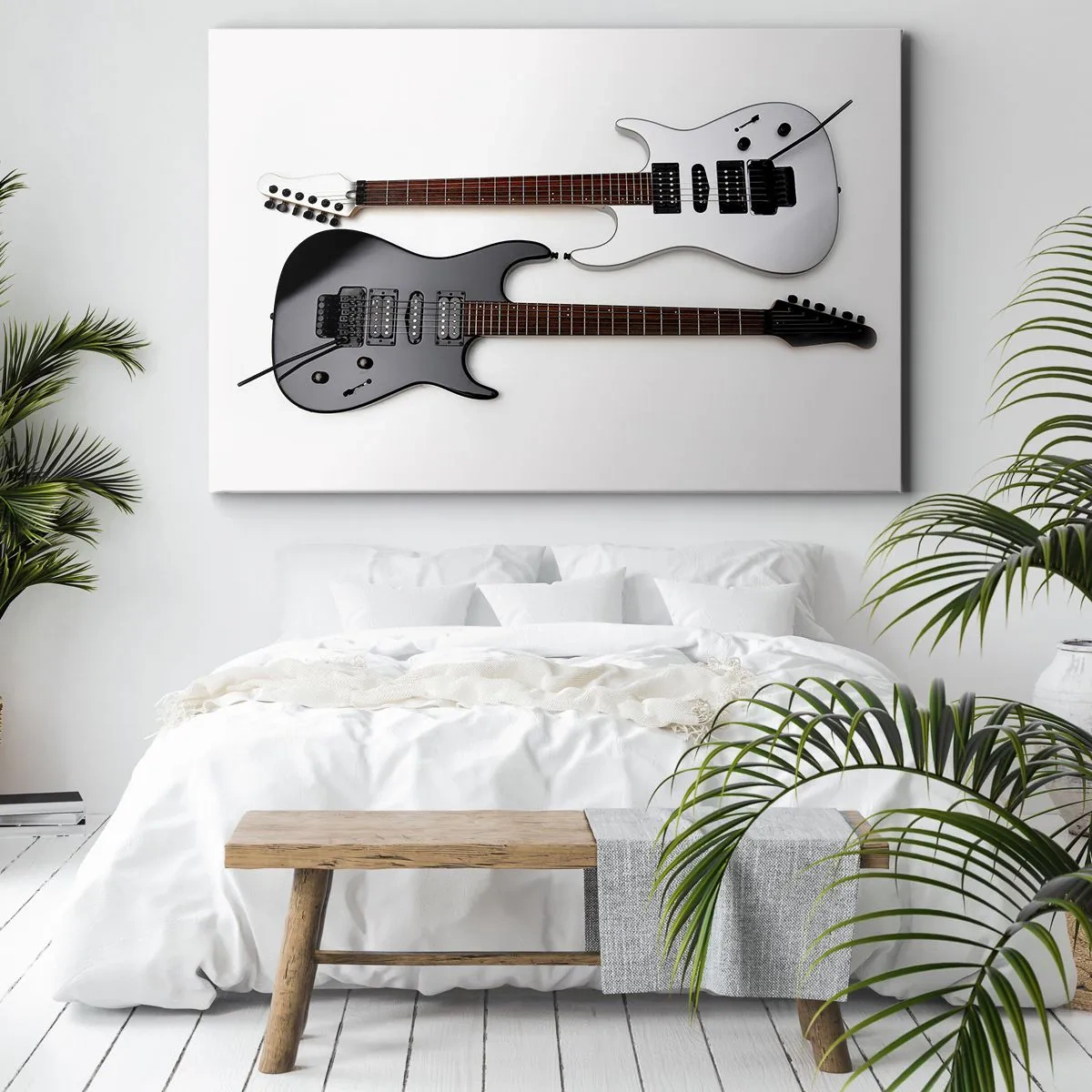 Impression sur toile - Image sur toile - Deux guitares électriques en noir et blanc sur fond clair. - 70x50cm - Harmonie des formes - Décoration murale moderne pour le salon et la chambre ARTTOR