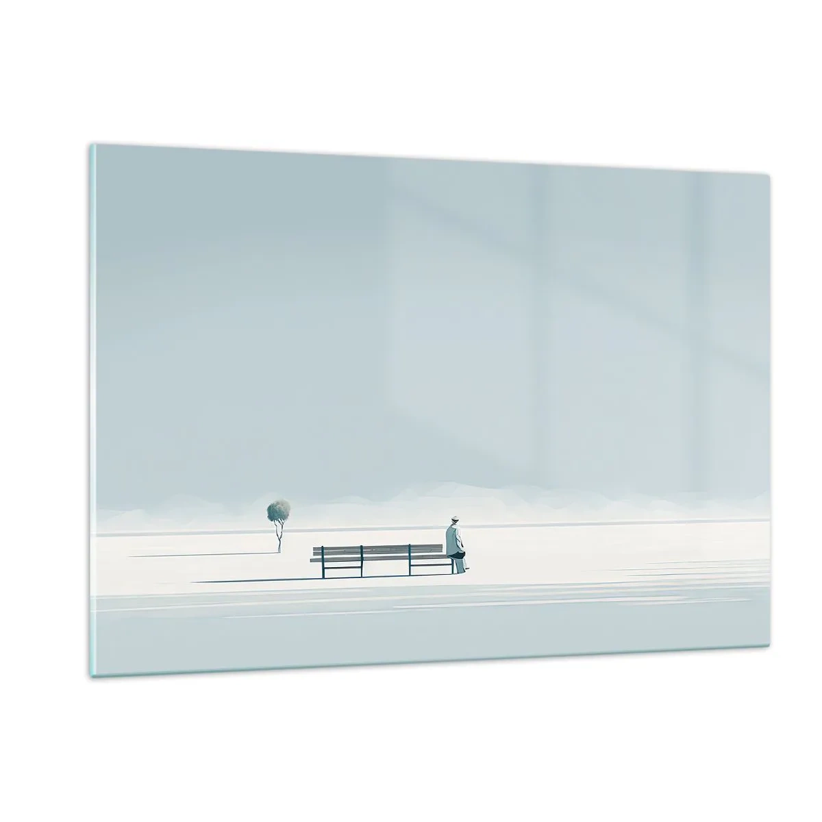 Impression sur verre - Image sur verre - Une figure sur un banc dans un paysage minimaliste - 120x80cm - Oui, j'attends. - Décoration murale moderne pour le salon et la chambre ARTTOR