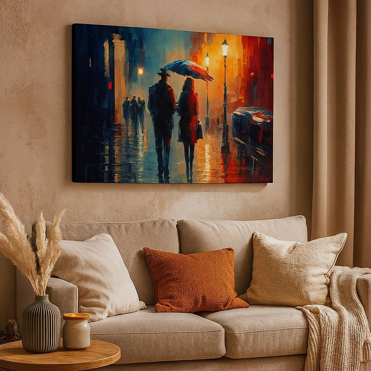 Impression sur toile - Image sur toile - Marcher sous la pluie sous un parapluie en ville la nuit - 70x50cm - Histoire d'amour urbaine - Décoration murale moderne pour le salon et la chambre ARTTOR