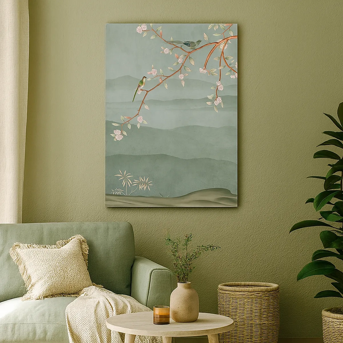 Impression sur toile - Image sur toile - Une image pittoresque d'une branche d'arbre en fleurs avec des oiseaux sur fond de collines verdoyantes. - 50x70cm - Printemps oh c'est toi - Décoration murale moderne pour le salon et la chambre ARTTOR
