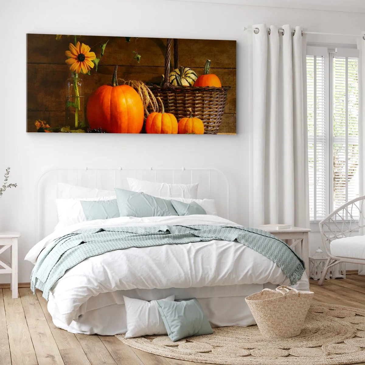 Impression sur toile - Image sur toile - Composition d'automne avec citrouilles et fleurs sur fond de bois - 120x50cm - Une composition rustique - cadeaux d'automne - Décoration murale moderne pour le salon et la chambre ARTTOR