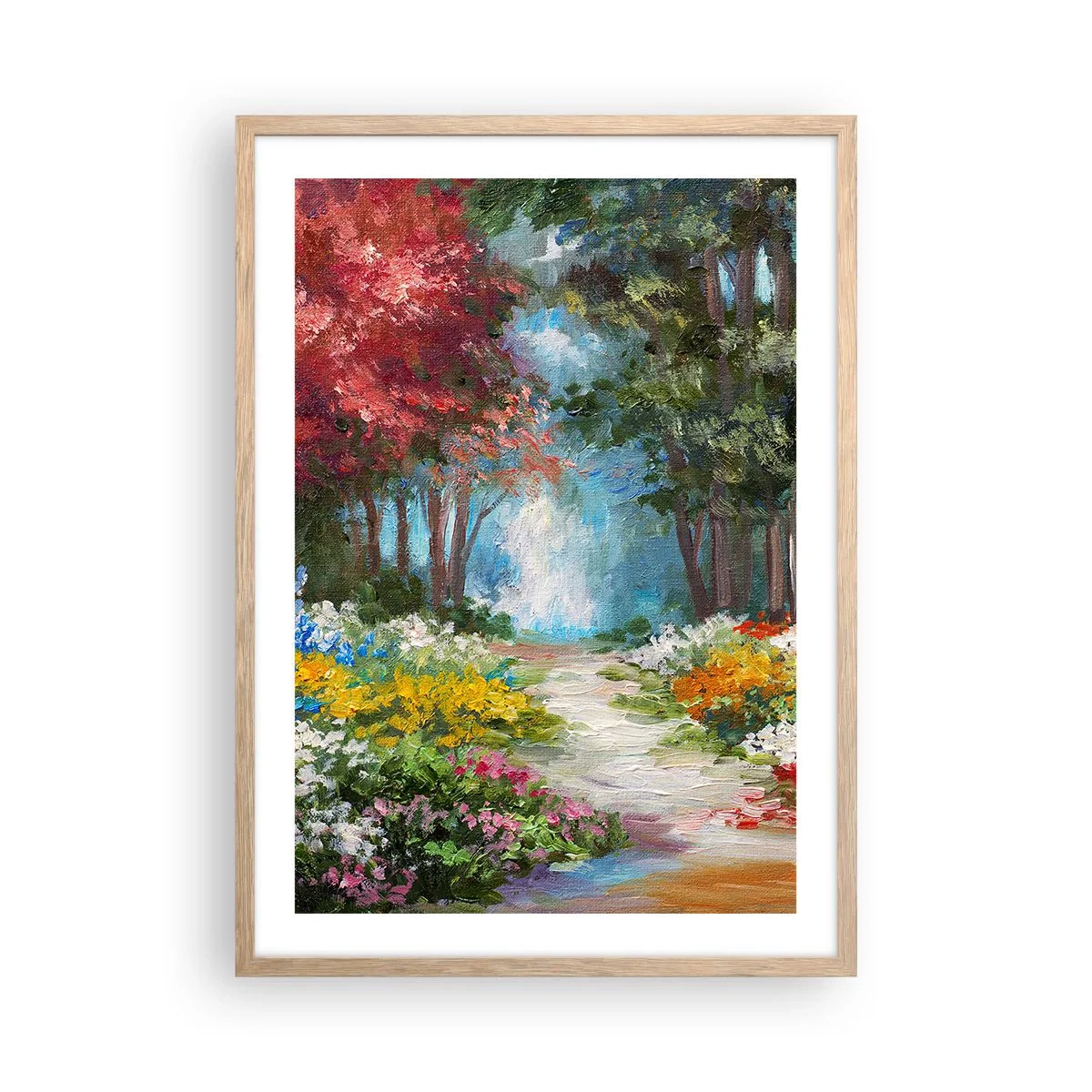 Affiche dans un chêne clair - Poster - Jardin forestier, forêt de fleurs - 50x70 cm