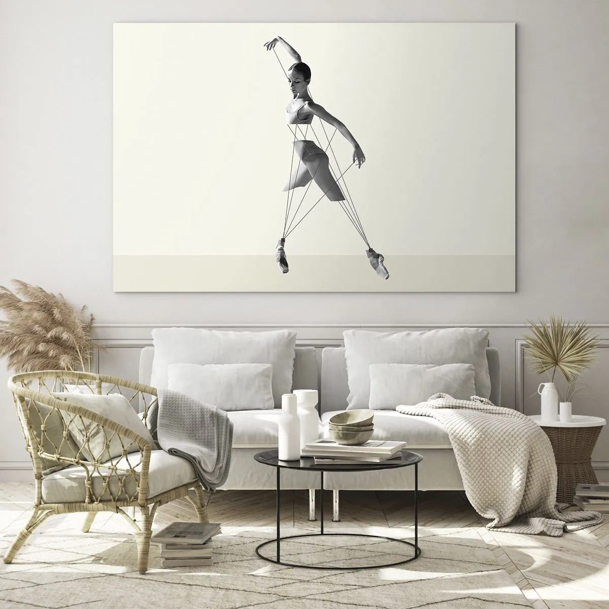 Impression sur verre - Image sur verre - Silhouette noire et blanche d'une ballerine avec un motif de lignes géométriques - 120x80cm - Dans le théatre de la vie - Décoration murale moderne pour le salon et la chambre ARTTOR