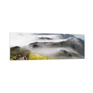 Impression sur verre - Image sur verre - Un chemin en bois parmi les montagnes brumeuses le matin - 160x50cm - Tissé d'éblouissement et de brouillard - Décoration murale moderne pour le salon et la chambre ARTTOR