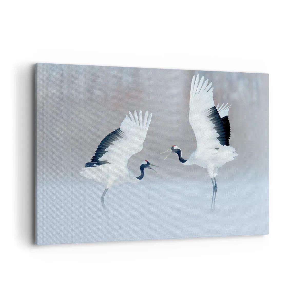Impression sur toile - Image sur toile - Deux grues dansant dans un paysage brumeux - 120x80cm - Danse dans le brouillard - Décoration murale moderne pour le salon et la chambre ARTTOR